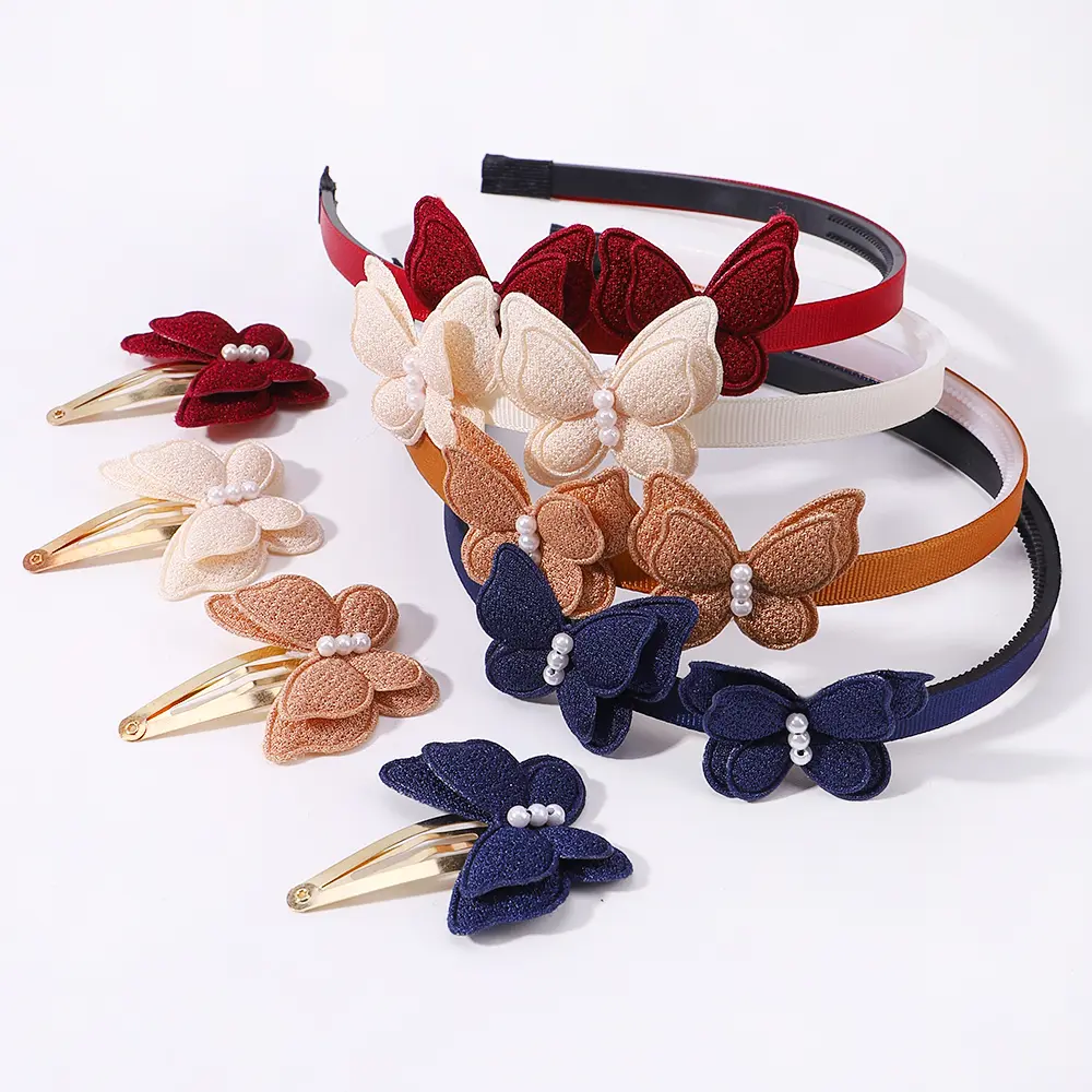 RAINBOW BOWS Girls Delicate Hair Band Hair Clips Set Solid Butterfly Imitation Pearl Hair Hoop BB Clip Headwear Gift Sets