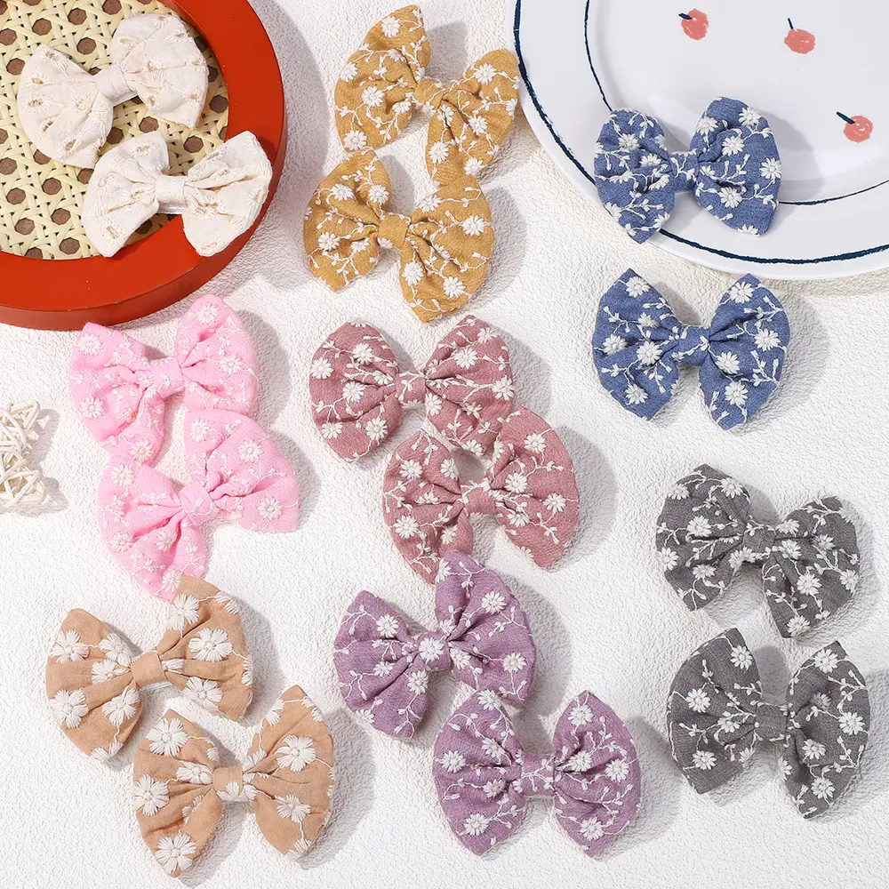 2Pcs/set Bows for Girls Hair Pins Embroidery Printing Hair Clips Solid Color Bowknot Handmade Barrettes Kids Hair Accessories