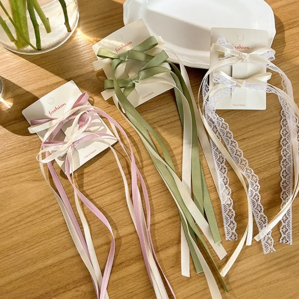 RAINBOW BOWS 2Pcs Double Color Bowknot Long Tassel Hairgripes for Girl Womens Delicate Ponytail Lace Side Hair Clip Accessories