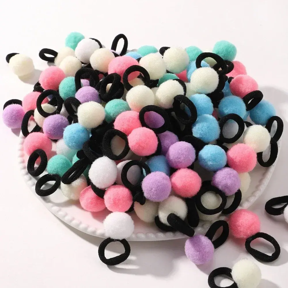 RAINBOW BOWS 10Pcs Elastic Hair Bands Plush Ball Rubber Band for Baby Girls Scrunchie Hair Ties Kids Baby Hair Accessories