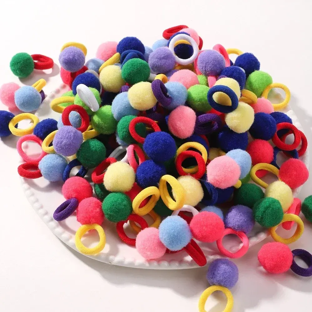 RAINBOW BOWS 10Pcs Elastic Hair Bands Plush Ball Rubber Band for Baby Girls Scrunchie Hair Ties Kids Baby Hair Accessories