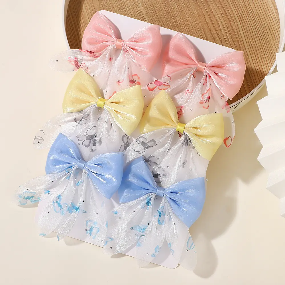 RAINBOW BOWS 2Pcs/set Sweet Hair Bows Girls Hairbangs Hairgripes Cheer Bow Stain Hairclip Chiffon Printing Kids Party Headwear
