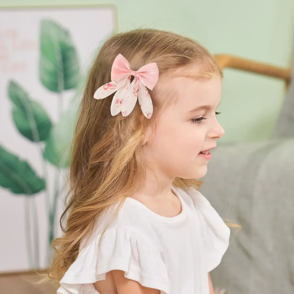 RAINBOW BOWS 2Pcs/set Sweet Hair Bows Girls Hairbangs Hairgripes Cheer Bow Stain Hairclip Chiffon Printing Kids Party Headwear