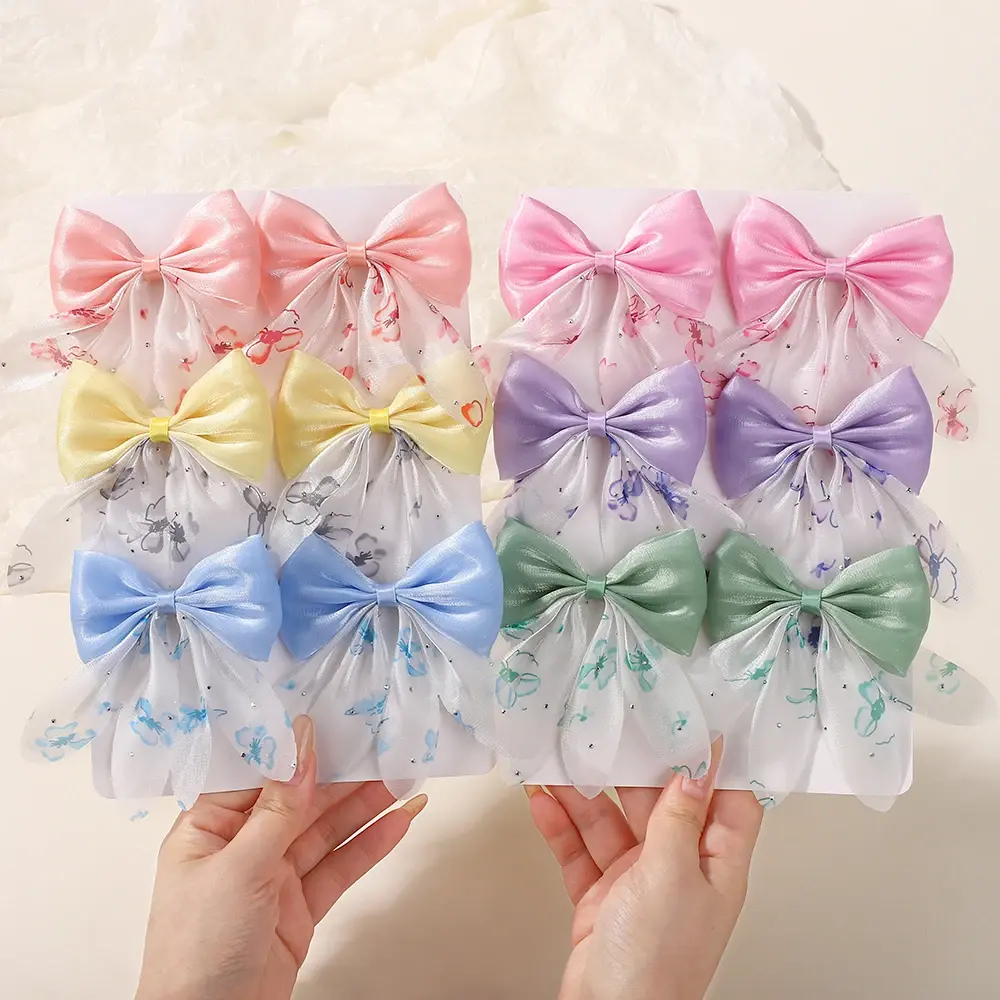 RAINBOW BOWS 2Pcs/set Sweet Hair Bows Girls Hairbangs Hairgripes Cheer Bow Stain Hairclip Chiffon Printing Kids Party Headwear