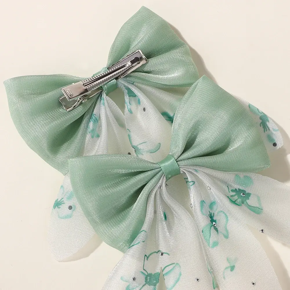 RAINBOW BOWS 2Pcs/set Sweet Hair Bows Girls Hairbangs Hairgripes Cheer Bow Stain Hairclip Chiffon Printing Kids Party Headwear