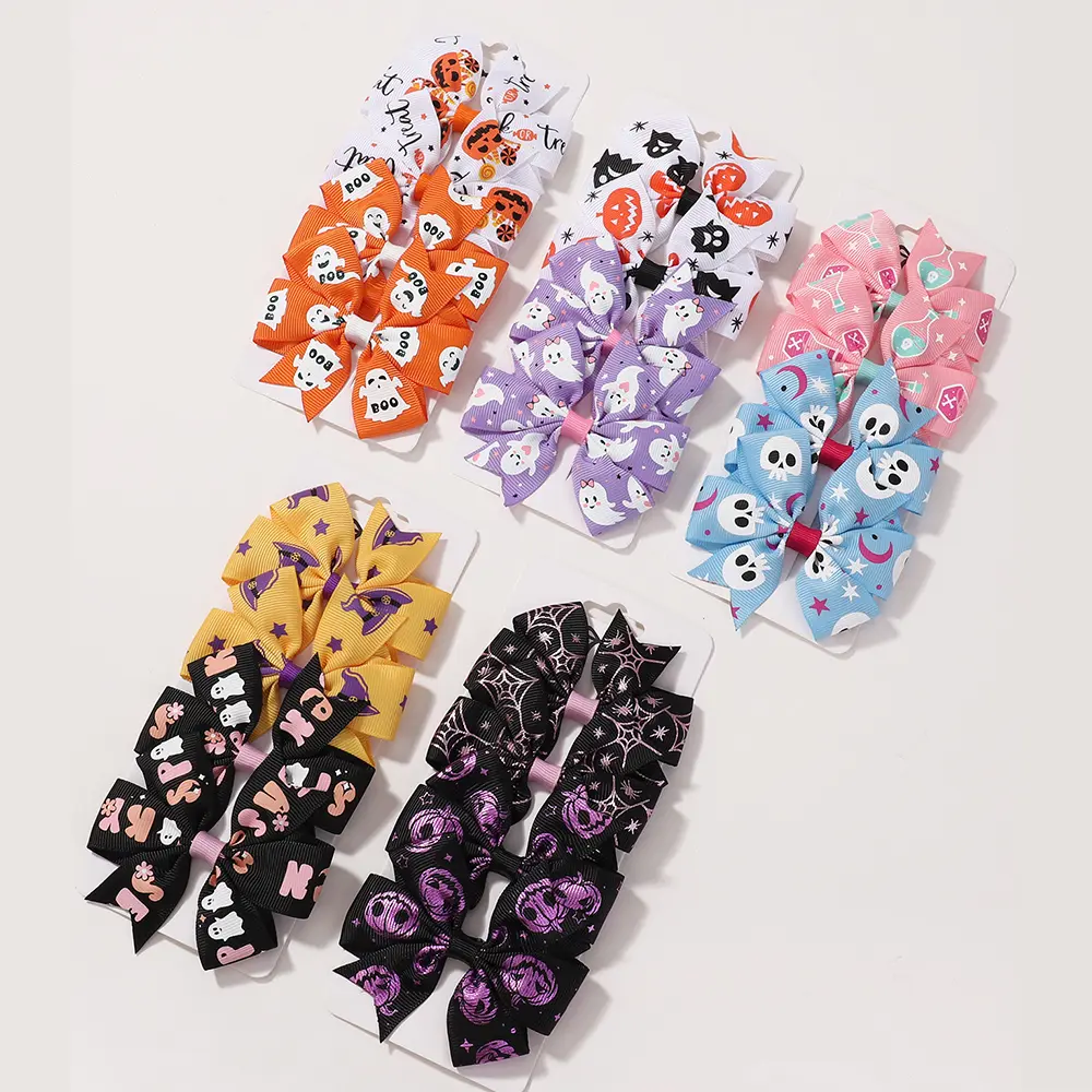 RAINBOW BOWS 4Pcs/set 3.5inch Cheer Bow Halloween Party Hair Clip Skull Witch Printed Hairgripes Boutique Halloween Headwear