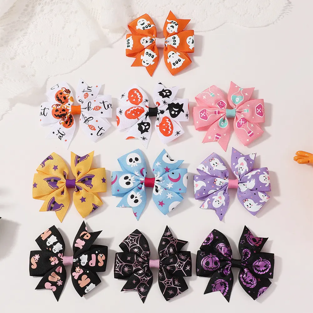 RAINBOW BOWS 4Pcs/set 3.5inch Cheer Bow Halloween Party Hair Clip Skull Witch Printed Hairgripes Boutique Halloween Headwear