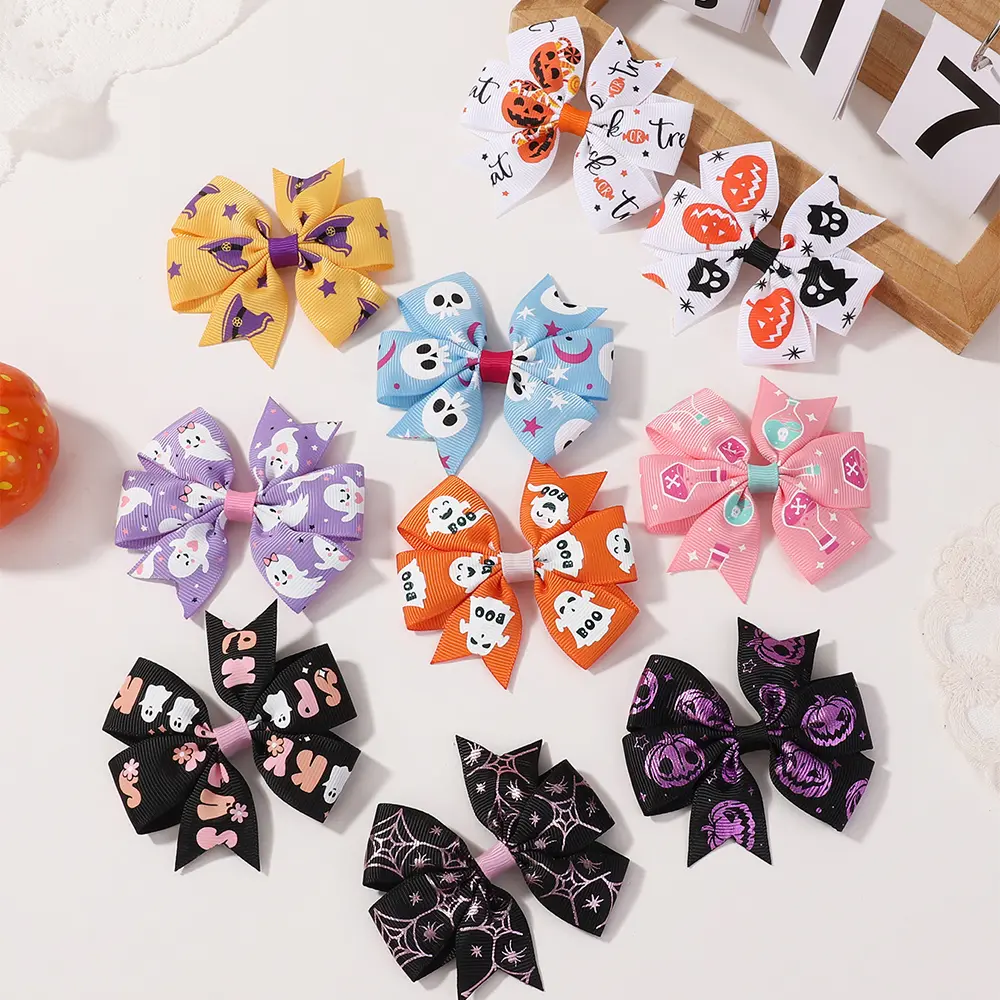 RAINBOW BOWS 4Pcs/set 3.5inch Cheer Bow Halloween Party Hair Clip Skull Witch Printed Hairgripes Boutique Halloween Headwear