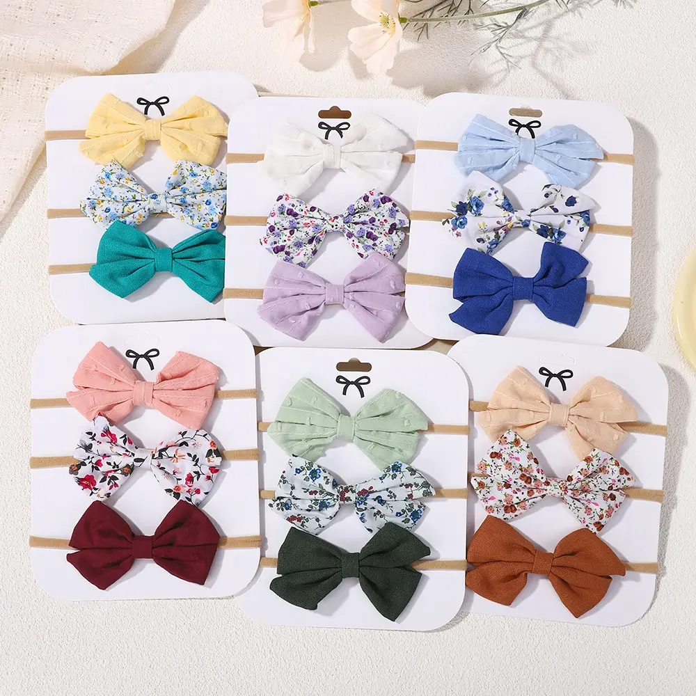 RAINBOW BOWS 3Pcs Cute Bows Nylon Hair Band for Baby Rural Style Printed Sweet Headband Elastic Non Hair Damaging Headdress