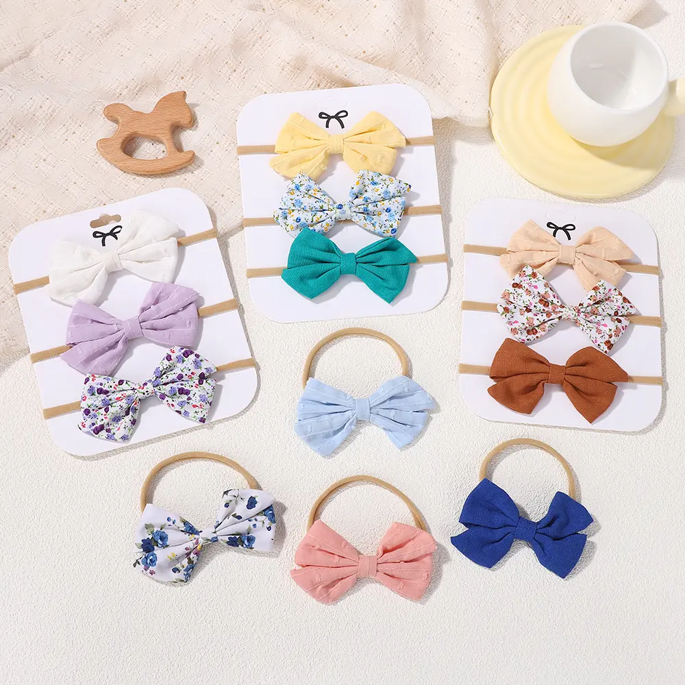 RAINBOW BOWS 3Pcs Cute Bows Nylon Hair Band for Baby Rural Style Printed Sweet Headband Elastic Non Hair Damaging Headdress