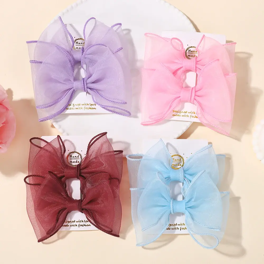RAINBOW BOWS 2Pcs/lot Double Layer Yarn Bowknot Hair Clips Boutique Bows Kids Hair Accessories Girls Lovely Hairgripes Gift Set