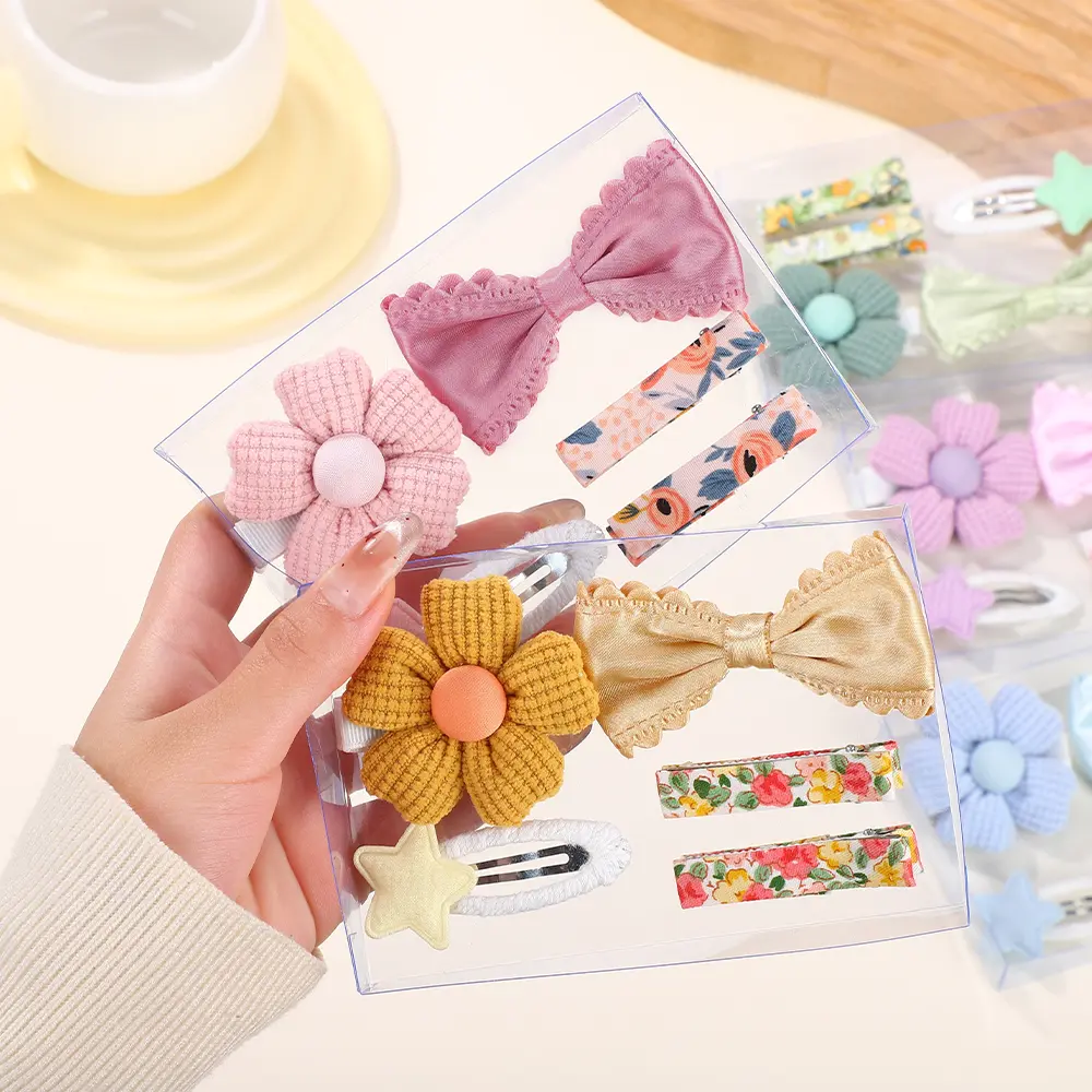 RAINBOW BOWS 5Pcs/lot Macaron Color Hair Clips Solid Color Flower Lace Edge Barrette Fresh Printe Girl Bangs BB Hairgripes Gift