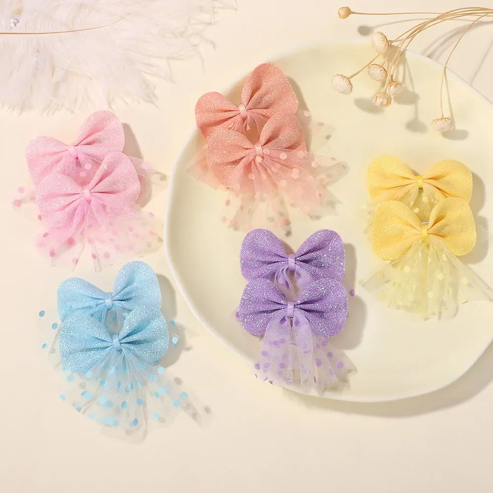 RAINBOW BOWS 2Pcs/lot Girls Lovely Bowknot Hair Clips Cheer Bow Glitter Hairpin Princess Yarns Polka Dot Hairgripes Headdress