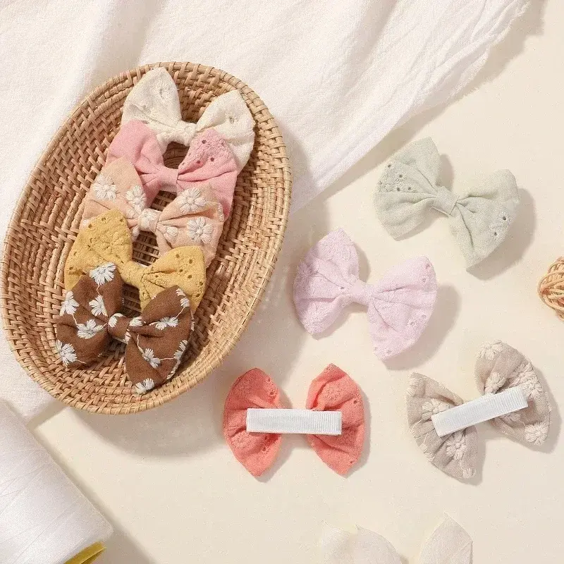 RAINBOW BOWS 12Pcs Embroidered Bows Hair Clips for Girls Cute Cotton Bowknot Hairpins Barrettes Headwear Kids Hair Accessories