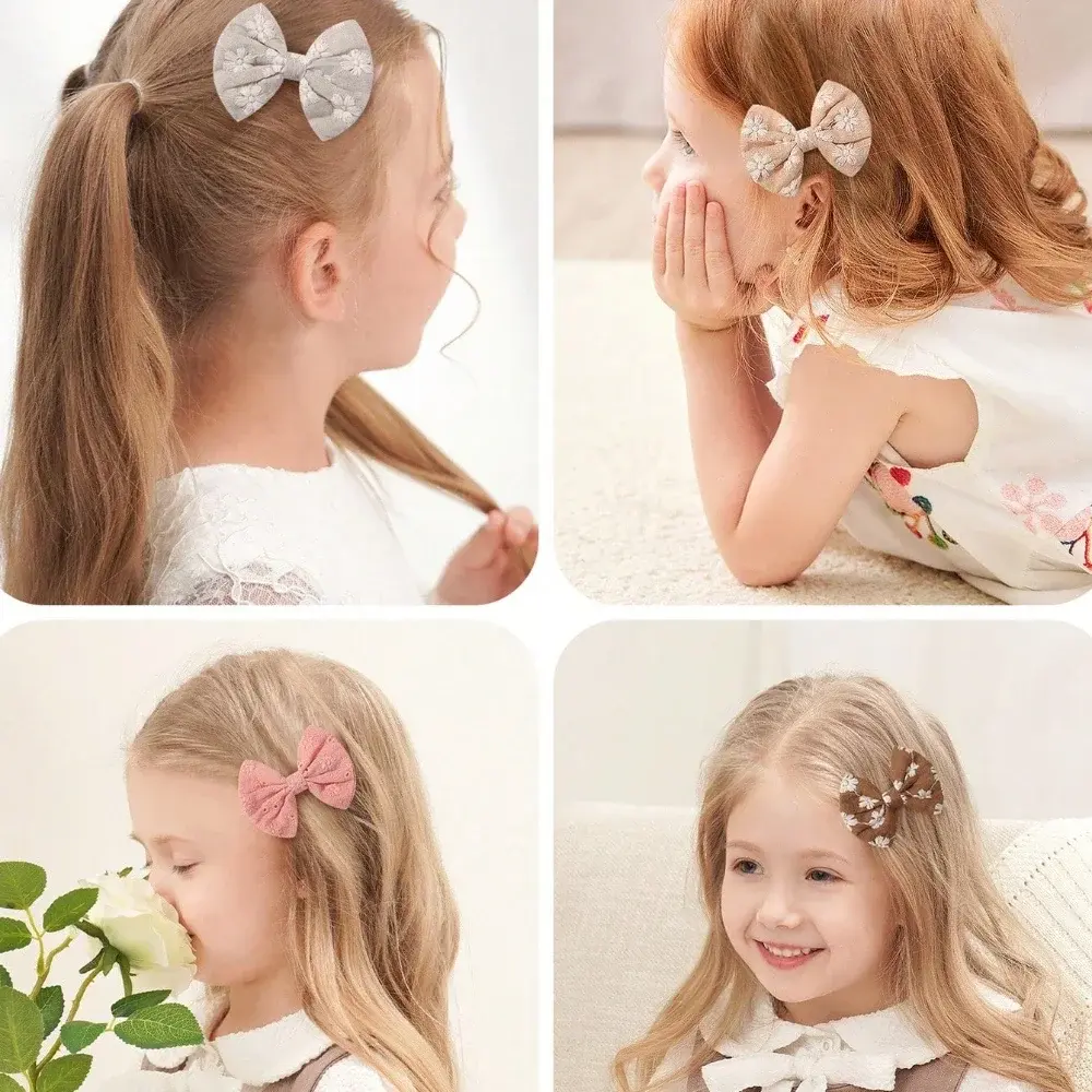 RAINBOW BOWS 12Pcs Embroidered Bows Hair Clips for Girls Cute Cotton Bowknot Hairpins Barrettes Headwear Kids Hair Accessories