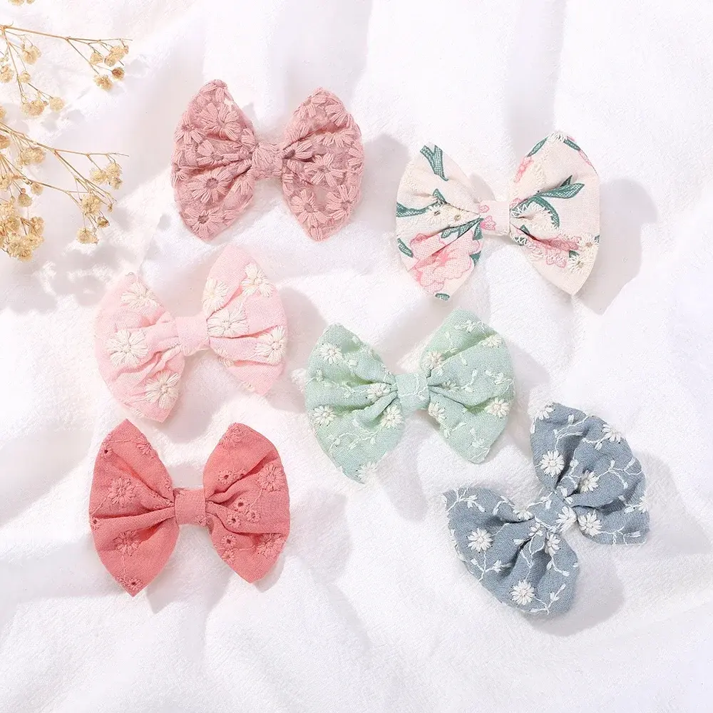 RAINBOW BOWS 12Pcs Embroidered Bows Hair Clips for Girls Cute Cotton Bowknot Hairpins Barrettes Headwear Kids Hair Accessories