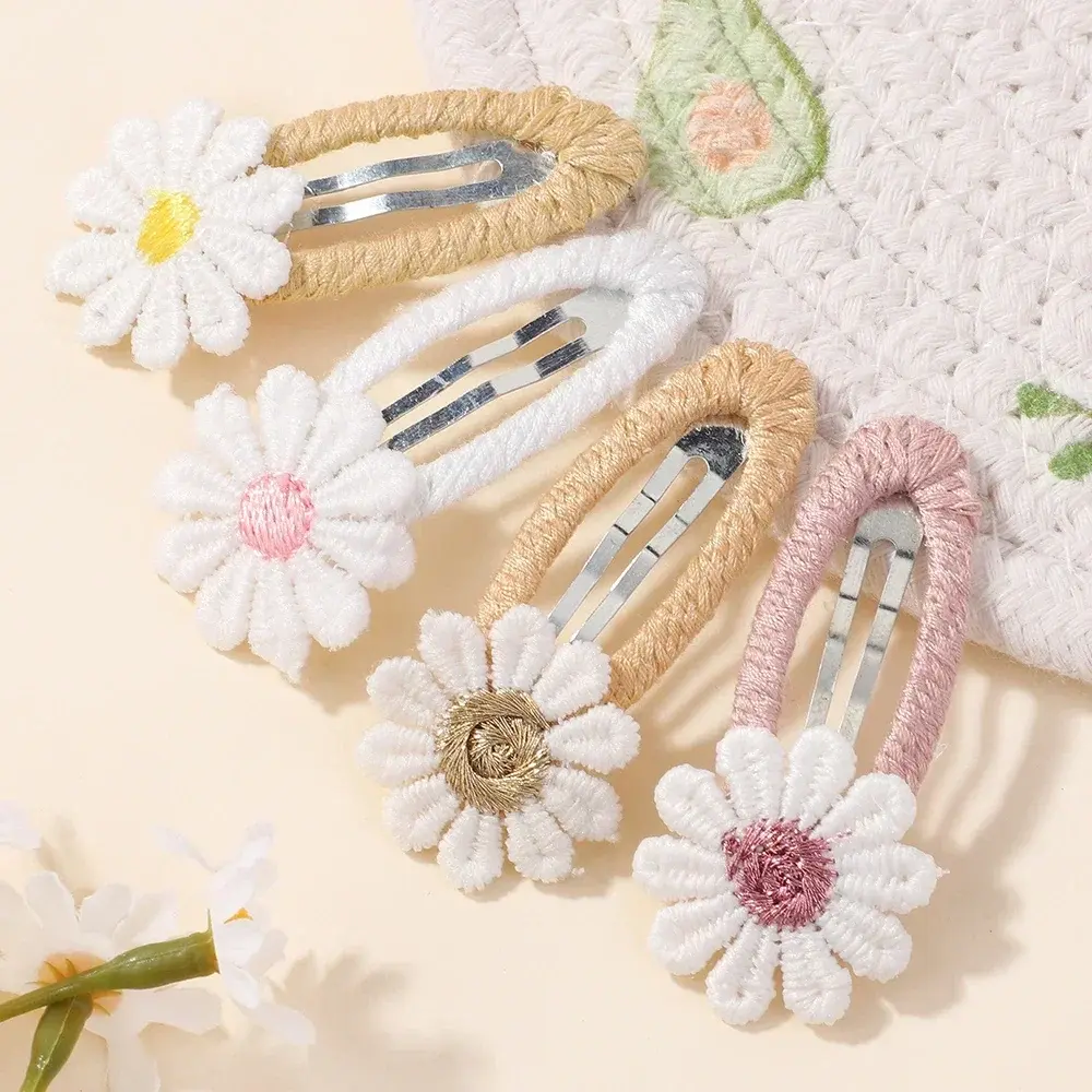 RAINBOW BOWS Sweet Daisy Flower Hair Clips Set for Kids Lace White Barette Princess Hairbangs Hooks Girls Hair Accessories