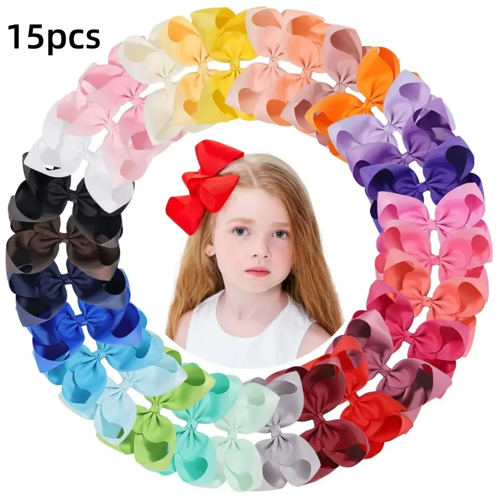 RAINBOW BOWS 6inch Ribbon Hair Bows Hair Clips Set 15Pcs/lot Wholesale Solid Color Cheer Bowknot Hair Bangs Barrette for Girls