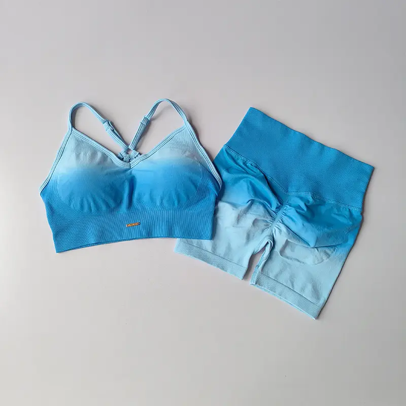 Gradient Back Exercise Set Women's Speed Running Sports Bras Leggings 2PCS Suit Pant Contrast Yoga Fitness Tank Crop Top Clothes