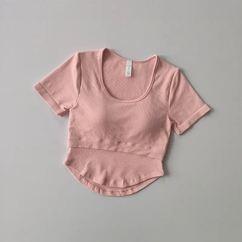 New Fixed Strap Chest Cushion Yoga Suit Short Sleeve Slim Fit Sports Top Women's Quick Dry Running Slim Fitness Shirt Clothing