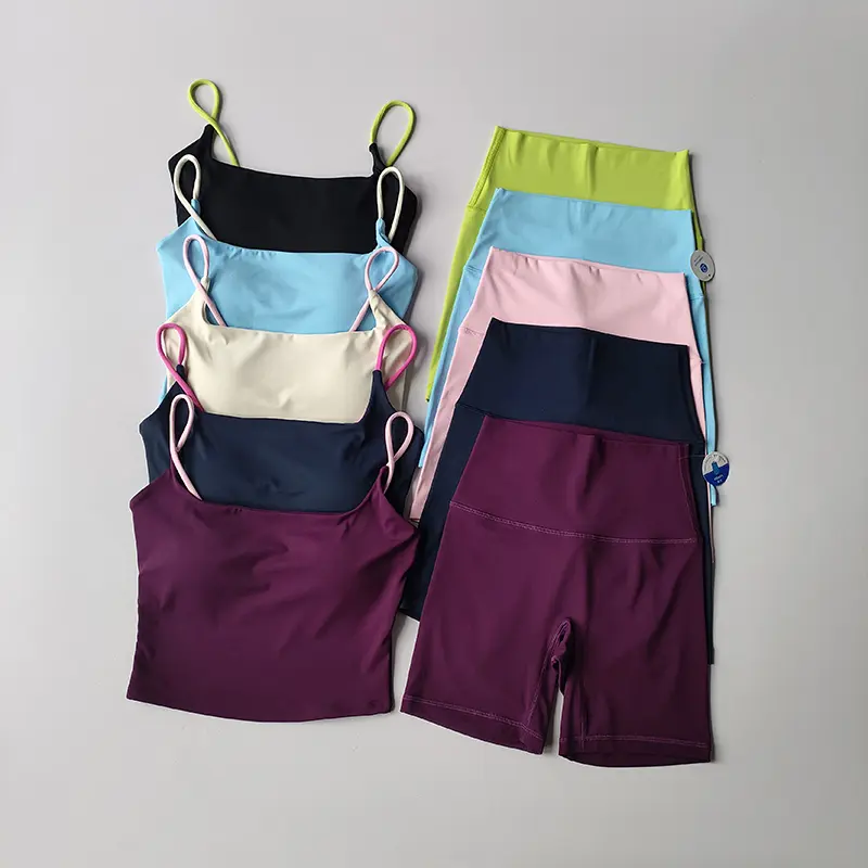 Set Nude Sports Lingerie Bras with High Waisted Shorts Suspender Vest Women's Chest Pad Integrated Chest Beauty Back Suit Cloth