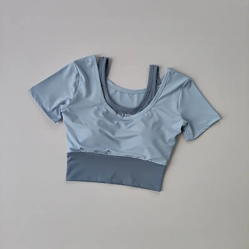 Fake two-piece sports short sleeved women's summer breathable fitness top with bra, fast drying tight short dance yoga clothes