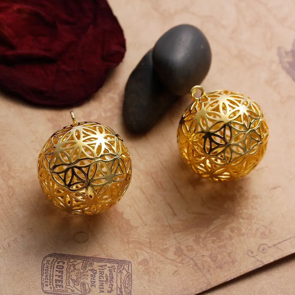 Copper Flower Of Life Charms Pendants Round Gold Color Hollow Carved For DIY Making Jewelry 28mm(1 1/8") x 25mm(1"), 1 Piece