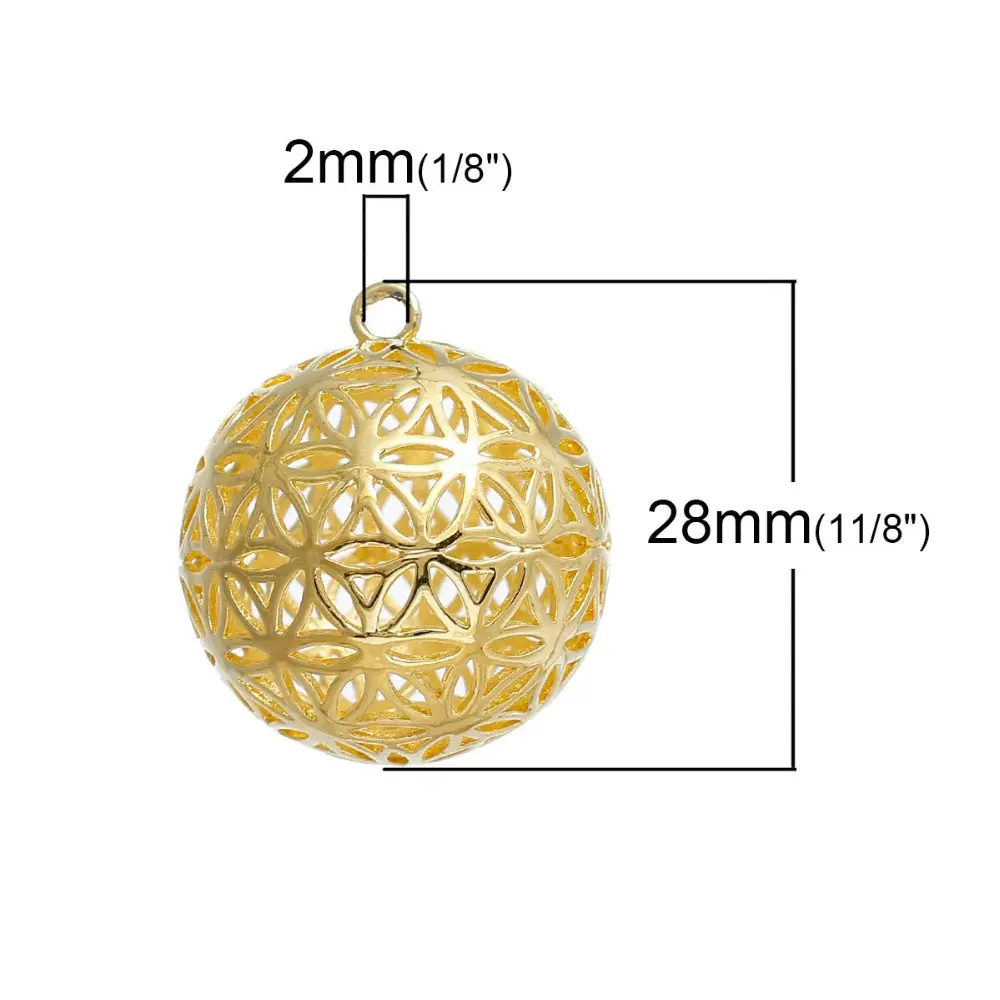 Copper Flower Of Life Charms Pendants Round Gold Color Hollow Carved For DIY Making Jewelry 28mm(1 1/8") x 25mm(1"), 1 Piece