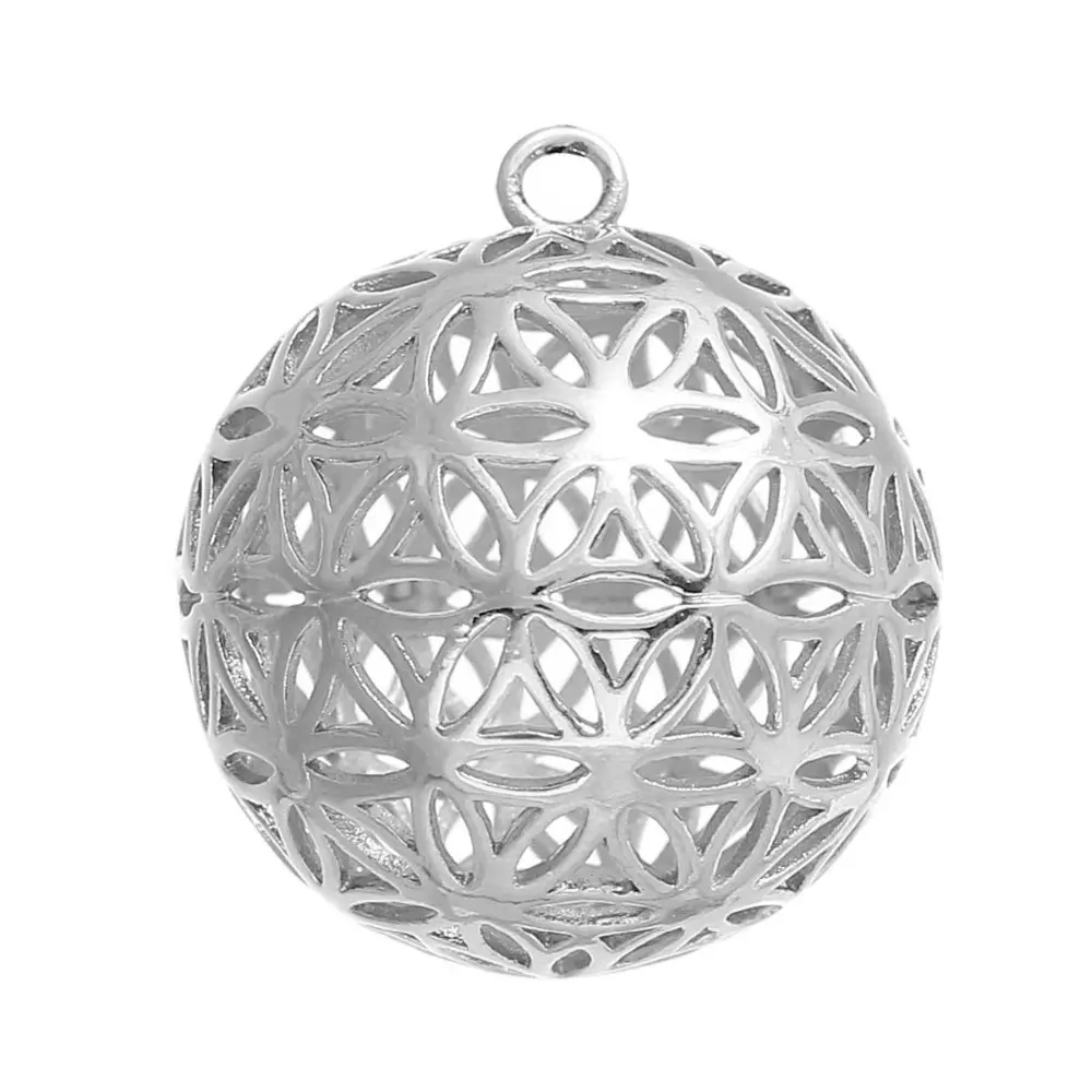 Copper Flower Of Life Charms Pendants Round Gold Color Hollow Carved For DIY Making Jewelry 28mm(1 1/8") x 25mm(1"), 1 Piece