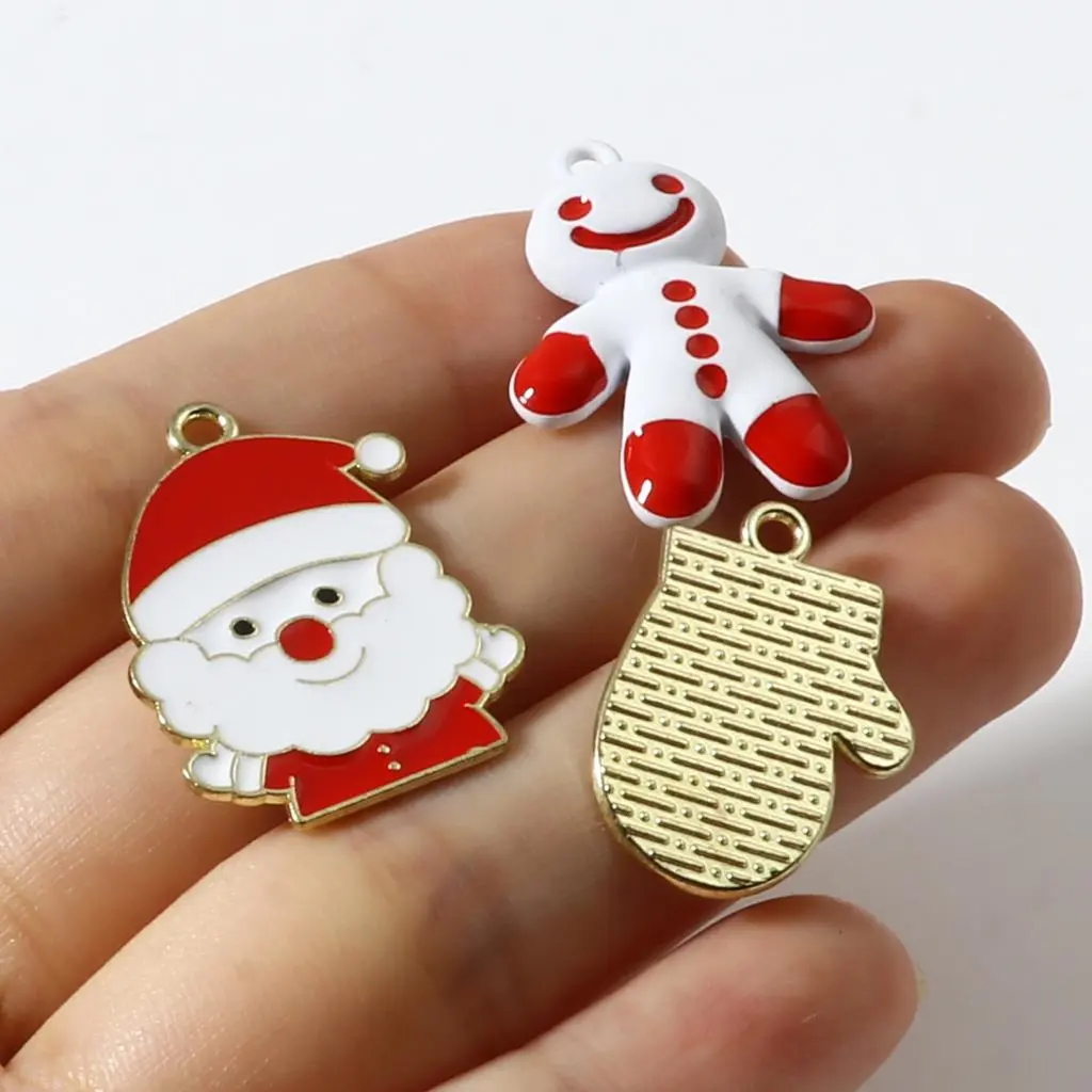 10PCs Happy Christmas Series Charms Pendant  Cute Gloves Santa Claus Enamel Pendant For DIY Necklace Earrings Jewelry Making