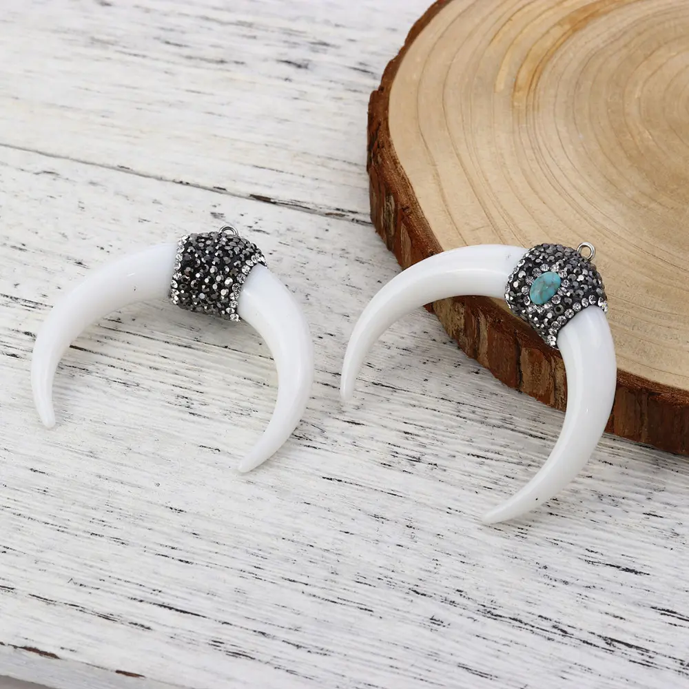 New Resin Bohemian Pendants Horn Shape Micro Pave Clear Rhinestone For Necklace Bracelet Handmade 5.4cm x5cm-5.2cm x4.8cm, 1PC