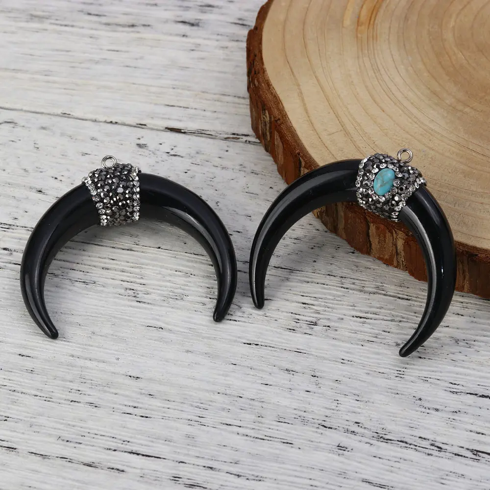 New Resin Bohemian Pendants Horn Shape Micro Pave Clear Rhinestone For Necklace Bracelet Handmade 5.4cm x5cm-5.2cm x4.8cm, 1PC