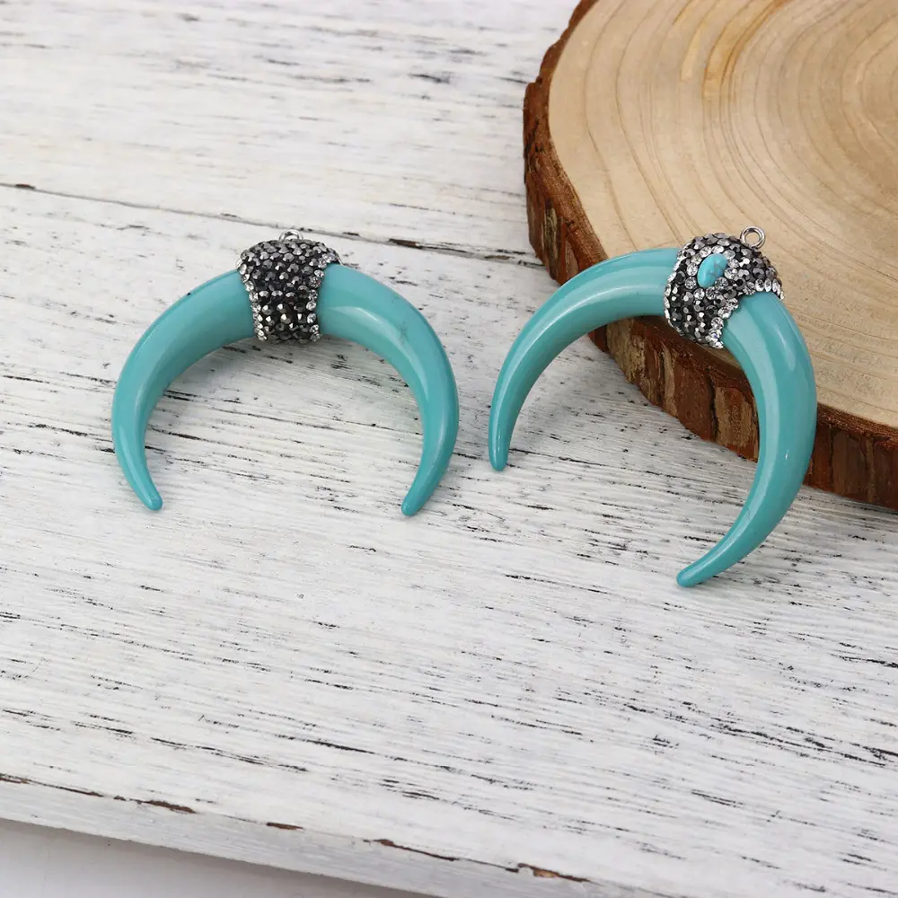 New Resin Bohemian Pendants Horn Shape Micro Pave Clear Rhinestone For Necklace Bracelet Handmade 5.4cm x5cm-5.2cm x4.8cm, 1PC
