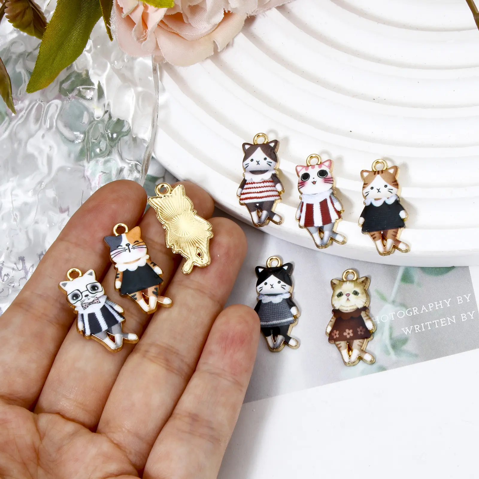 10 Piece Zinc Based Alloy Charms Gold Plated Multicolor Cat Animal Skirt Enamel For DIY Necklace Jewelry Making 25mm x 12mm