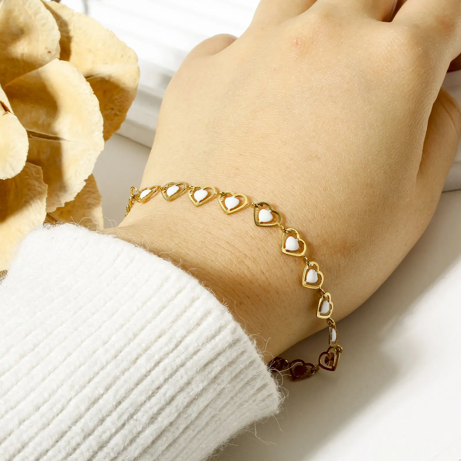 1 Piece 304 Stainless Steel Handmade Link Chain Bracelets Gold Color Heart Double-sided Enamel Charms Bracelet 17cm(6 6/8") long
