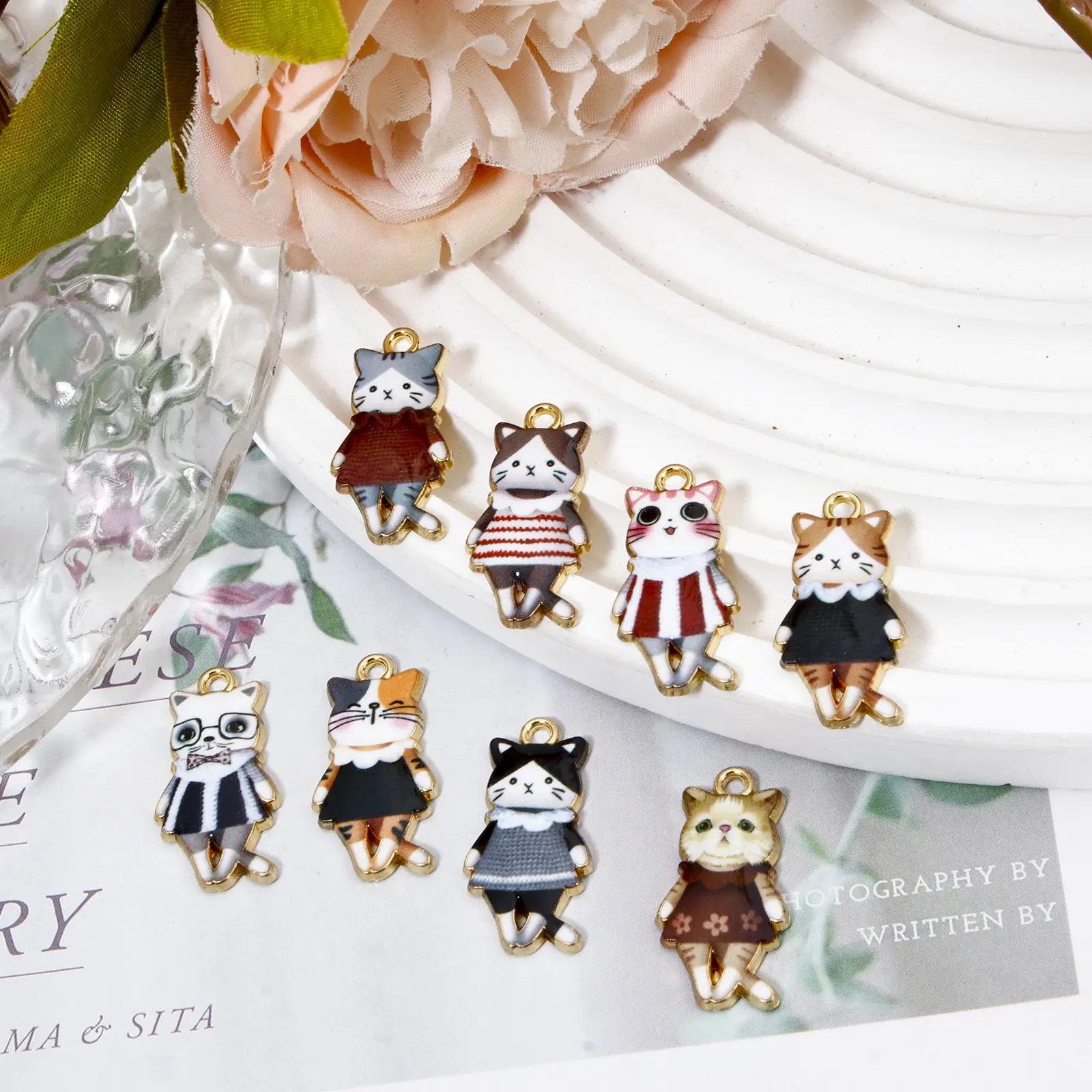 10 Piece Zinc Based Alloy Charms Gold Plated Multicolor Cat Animal Skirt Enamel For DIY Necklace Jewelry Making 25mm x 12mm