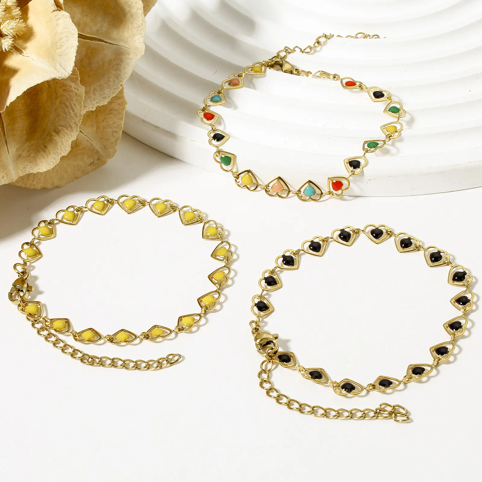 1 Piece 304 Stainless Steel Handmade Link Chain Bracelets Gold Color Heart Double-sided Enamel Charms Bracelet 17cm(6 6/8") long