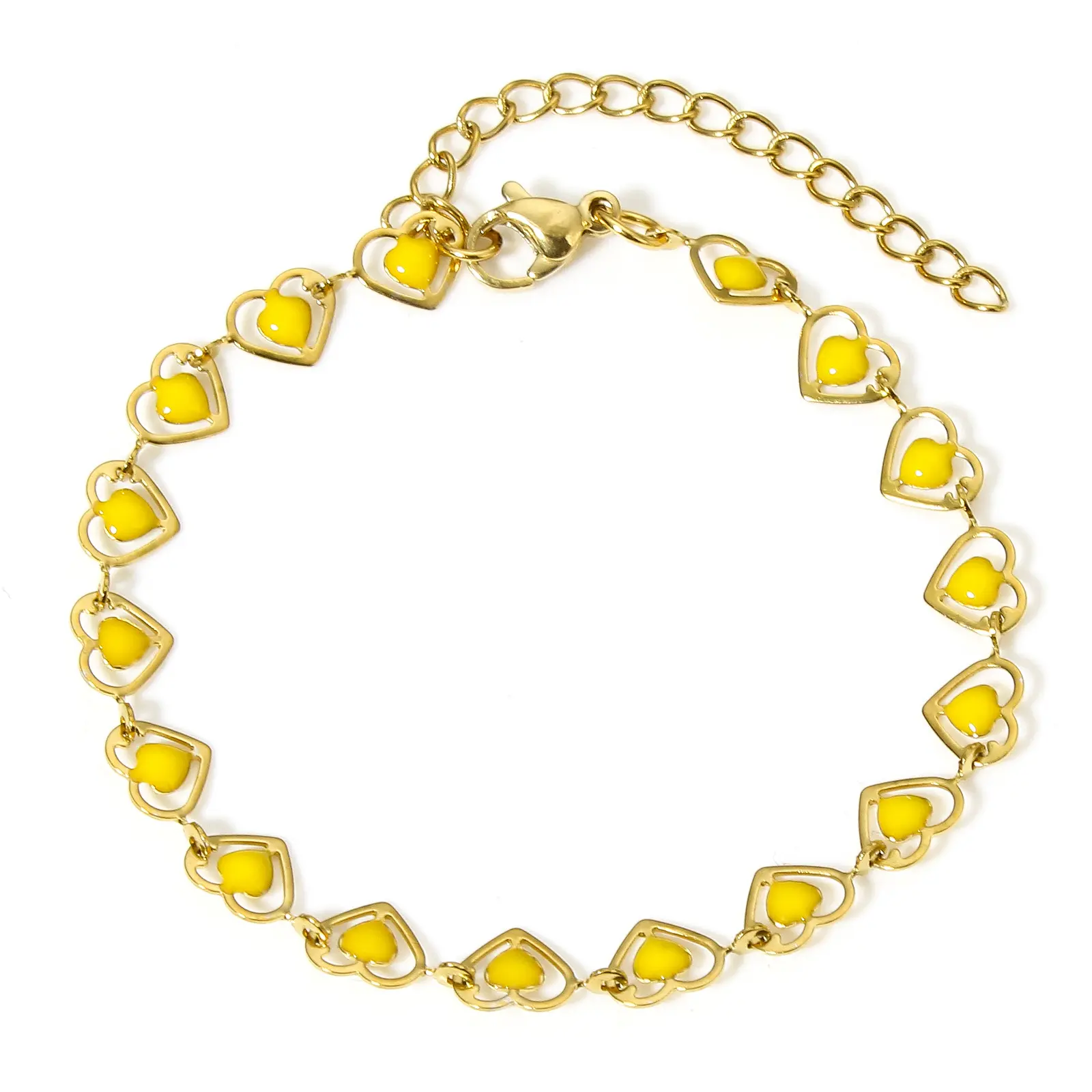 1 Piece 304 Stainless Steel Handmade Link Chain Bracelets Gold Color Heart Double-sided Enamel Charms Bracelet 17cm(6 6/8") long