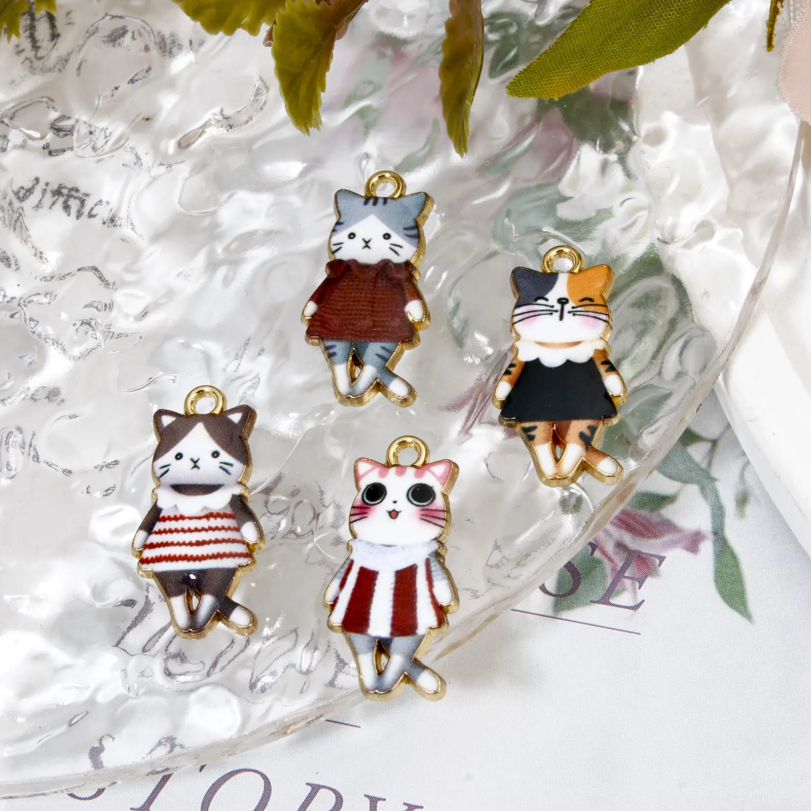 10 Piece Zinc Based Alloy Charms Gold Plated Multicolor Cat Animal Skirt Enamel For DIY Necklace Jewelry Making 25mm x 12mm
