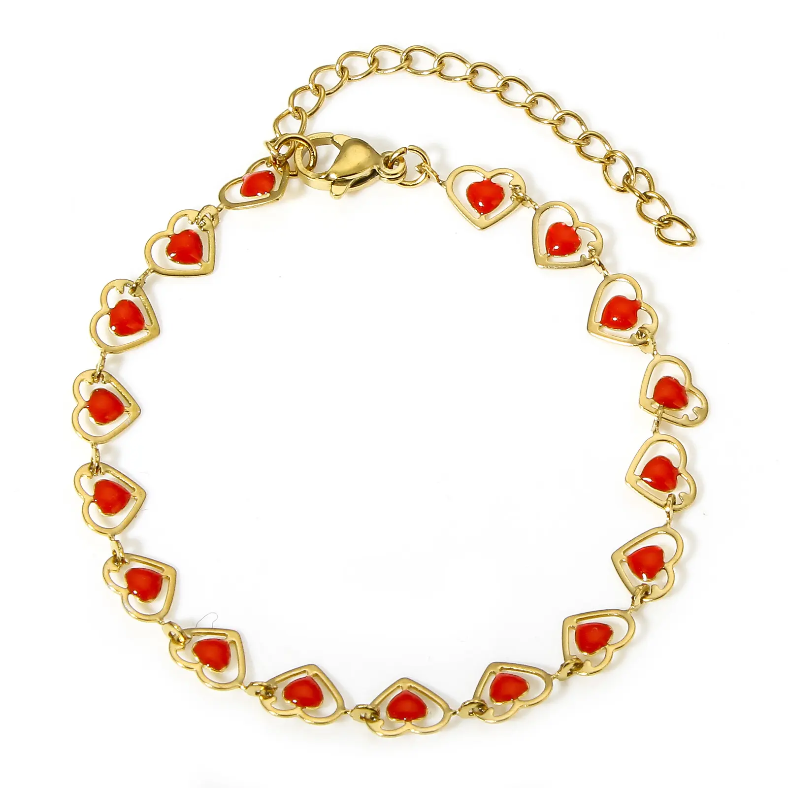 1 Piece 304 Stainless Steel Handmade Link Chain Bracelets Gold Color Heart Double-sided Enamel Charms Bracelet 17cm(6 6/8") long