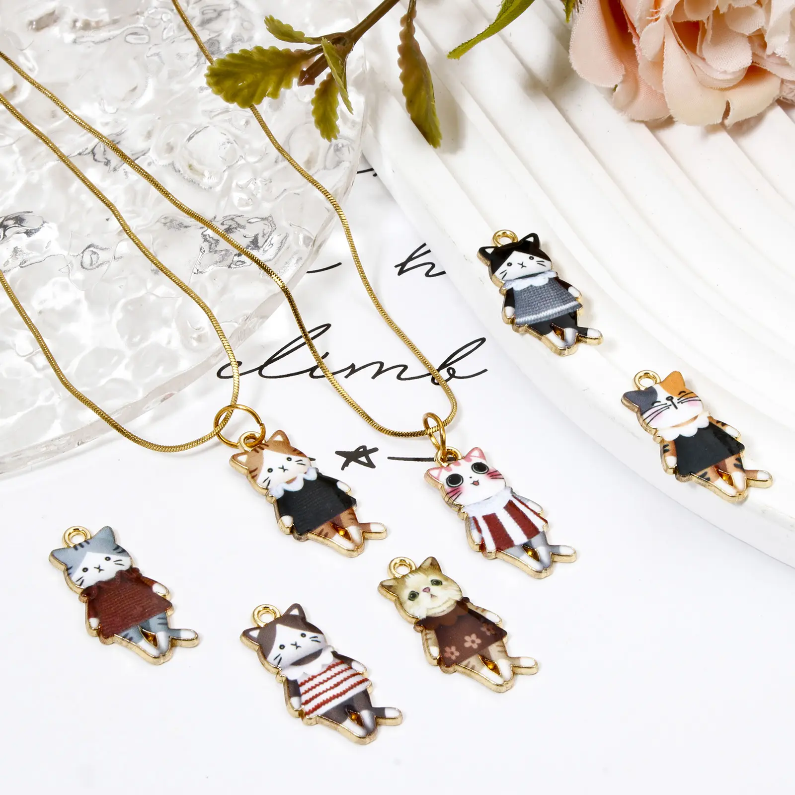 10 Piece Zinc Based Alloy Charms Gold Plated Multicolor Cat Animal Skirt Enamel For DIY Necklace Jewelry Making 25mm x 12mm