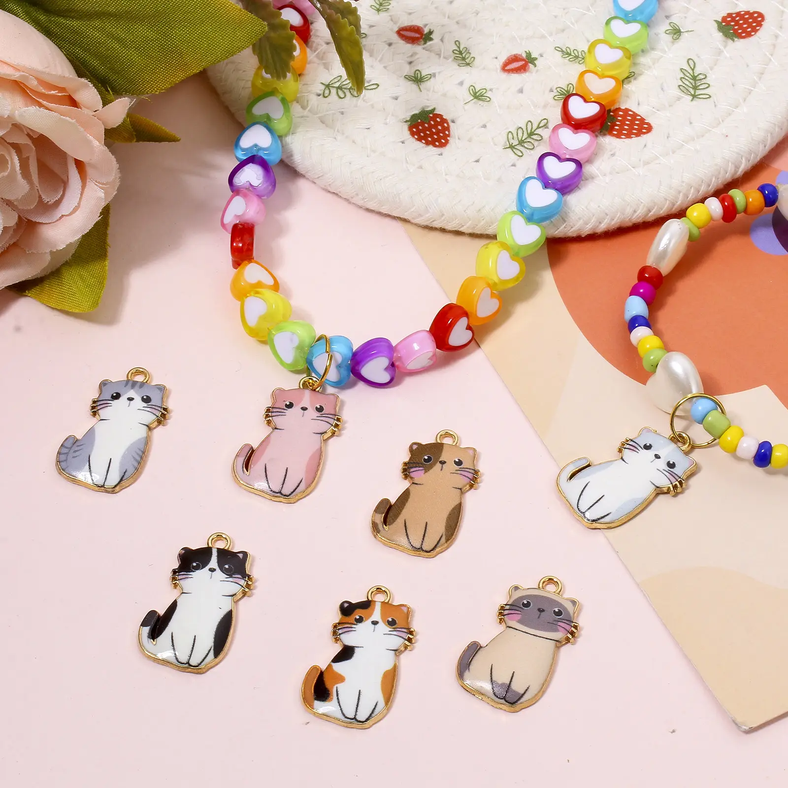 10 PCs Cat Animal Animal Enamel Zinc Based Alloy Charms Gold Color Metal Pendants  For DIY Jewelry Necklace Making 24mm x 14mm