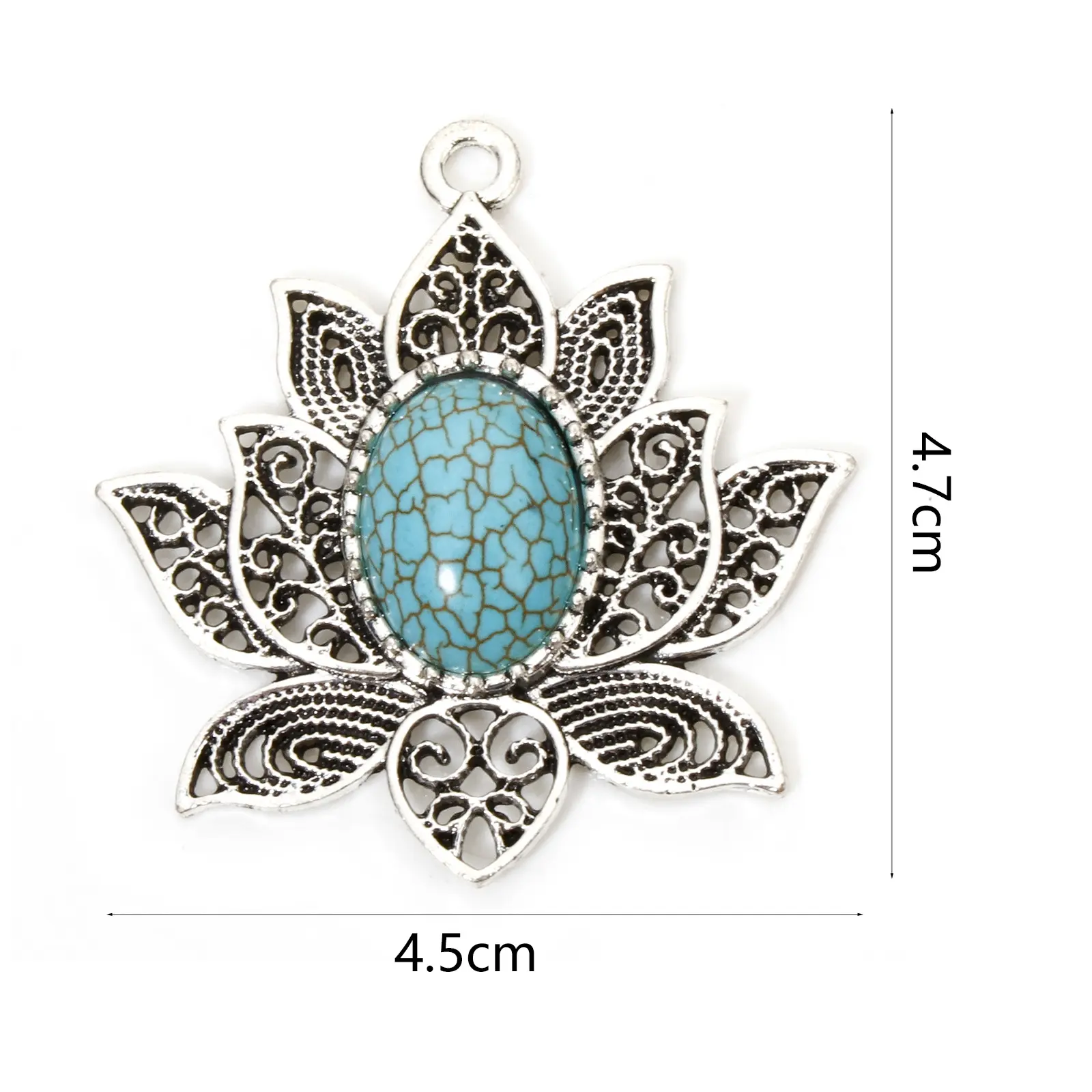 2 PCs Zinc Based Alloy Bohemia Pendants Antique Silver Color Lotus Flower With Resin Blue Stone DIY Jewelry Making 4.7cm x 4.5cm