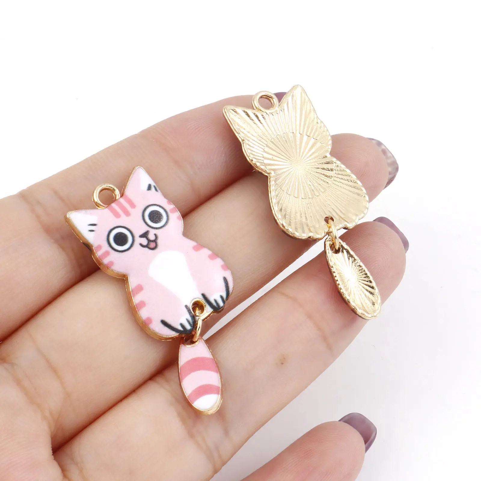 10PCs Cute Cat Charms Enamel Animal Cartoon Pendants Multicolor Gold Color Metal DIY Earrings Necklace Jewelry 3.9cm x 1.6cm