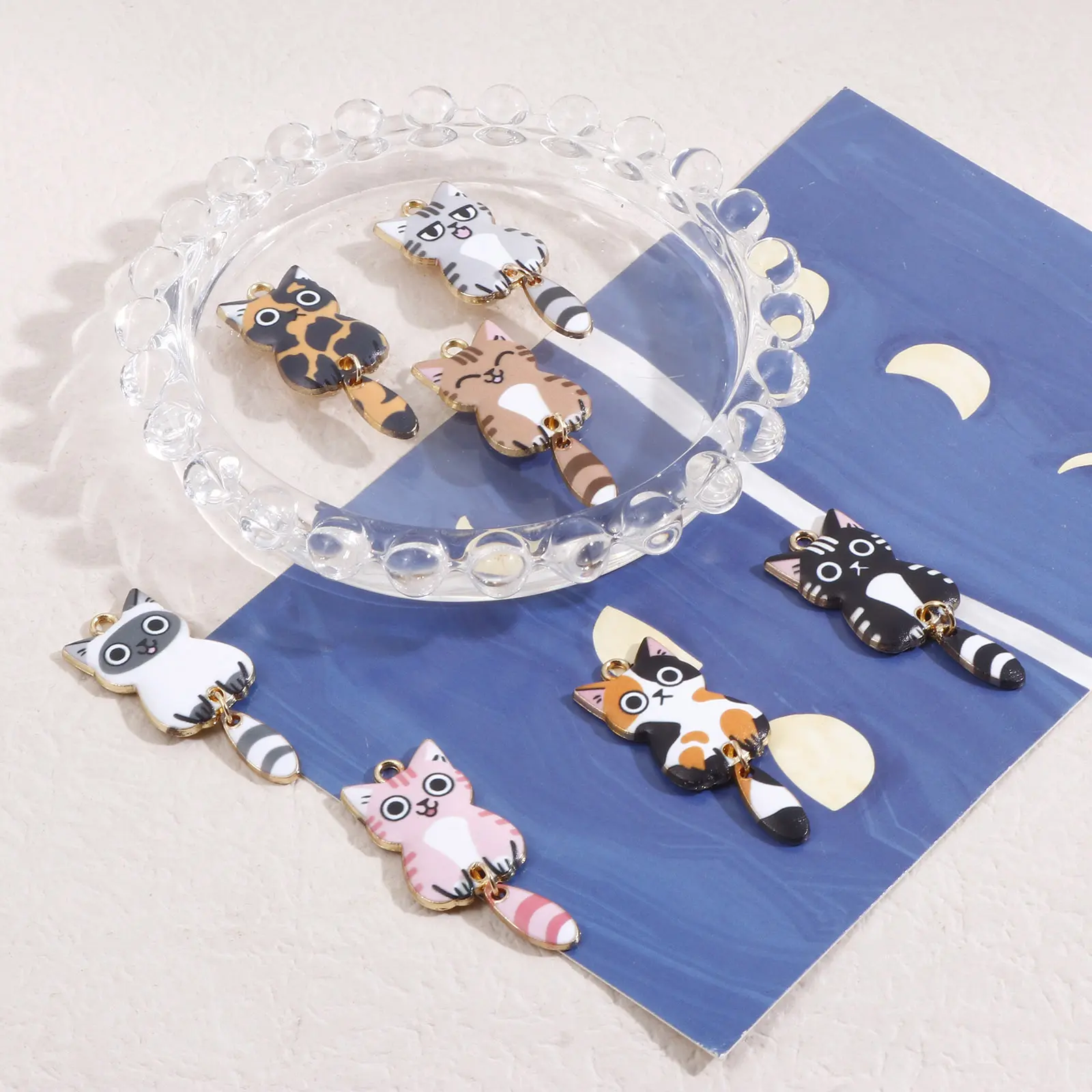 10PCs Cute Cat Charms Enamel Animal Cartoon Pendants Multicolor Gold Color Metal DIY Earrings Necklace Jewelry 3.9cm x 1.6cm