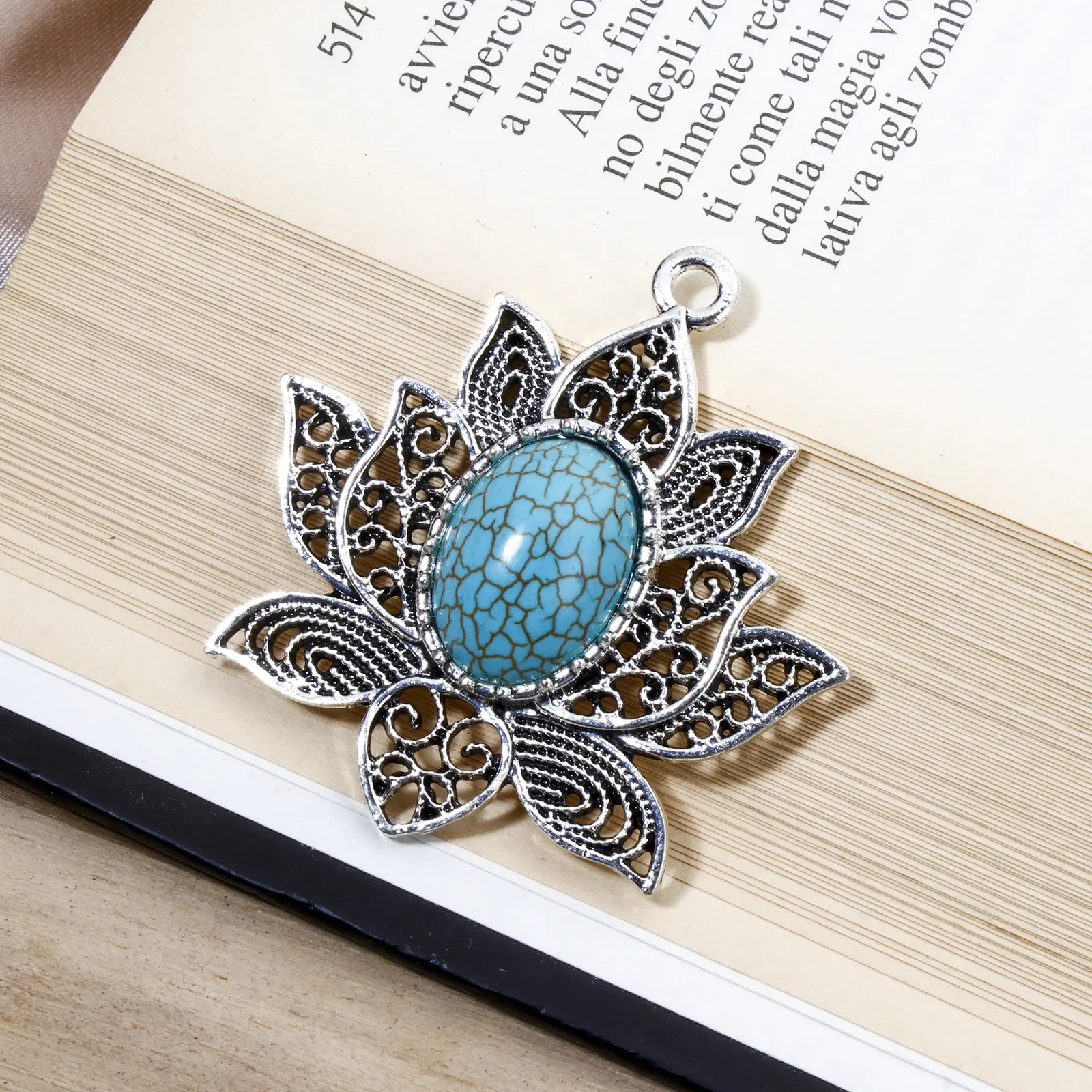 2 PCs Zinc Based Alloy Bohemia Pendants Antique Silver Color Lotus Flower With Resin Blue Stone DIY Jewelry Making 4.7cm x 4.5cm