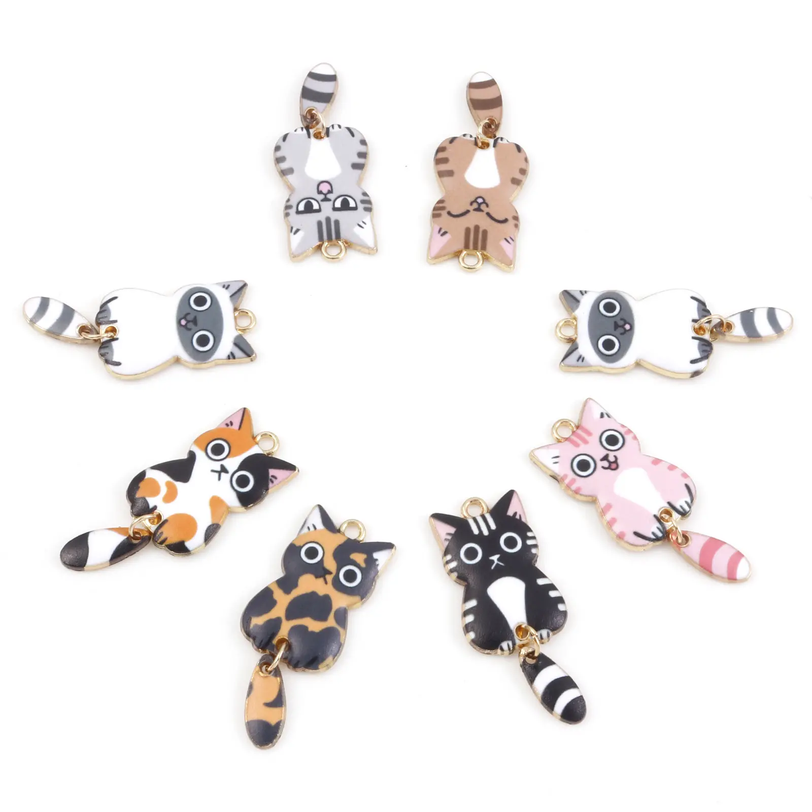 10PCs Cute Cat Charms Enamel Animal Cartoon Pendants Multicolor Gold Color Metal DIY Earrings Necklace Jewelry 3.9cm x 1.6cm
