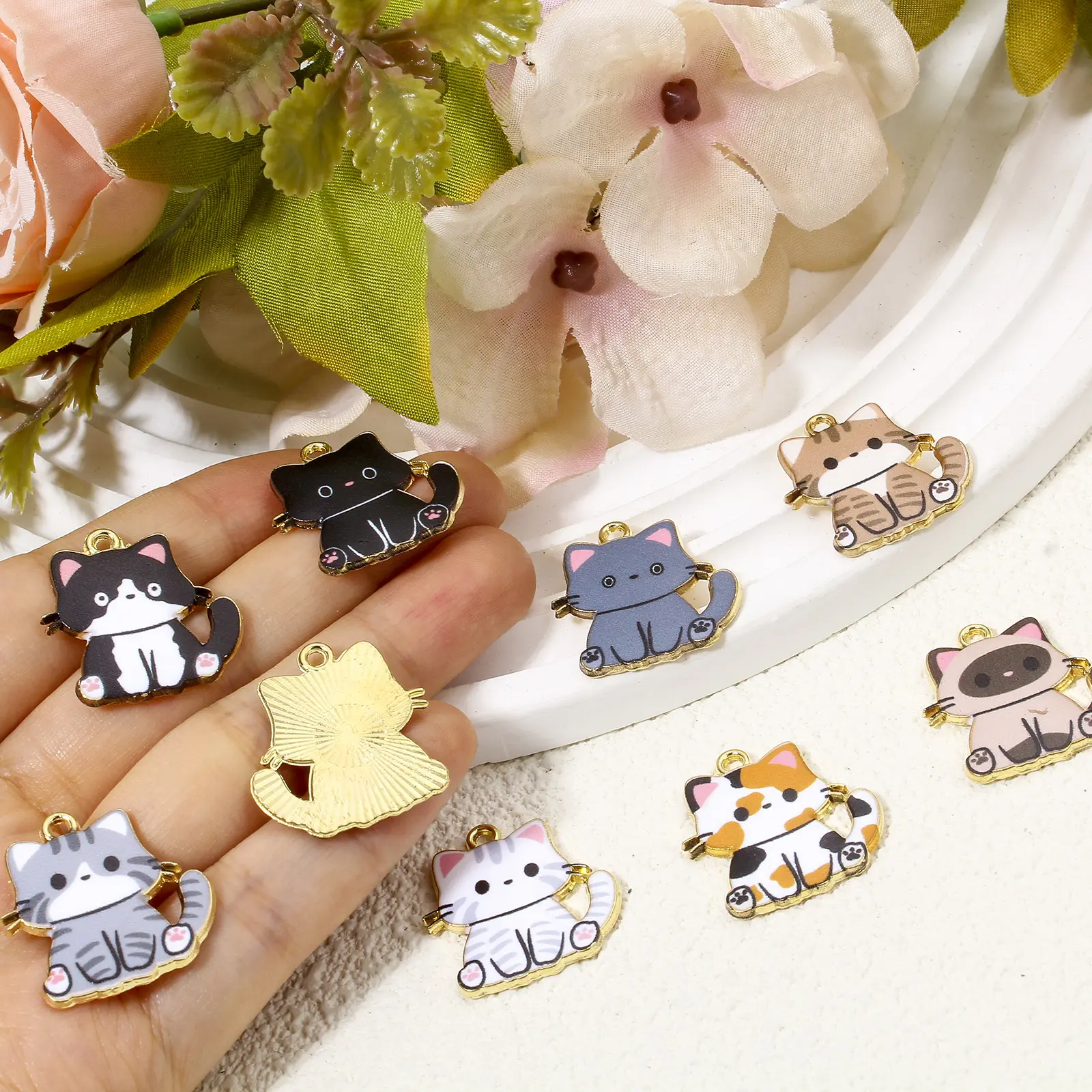 10 PCs Zinc Based Alloy Charms Gold Color Multicolor Cat Animal Enamel Earrings Necklaces Making Jewelry Findings 24mm x 23mm