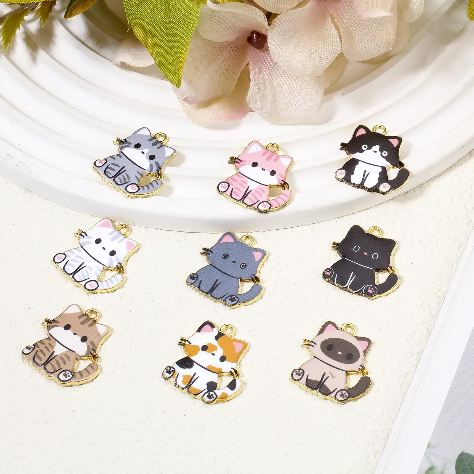 10 PCs Zinc Based Alloy Charms Gold Color Multicolor Cat Animal Enamel Earrings Necklaces Making Jewelry Findings 24mm x 23mm