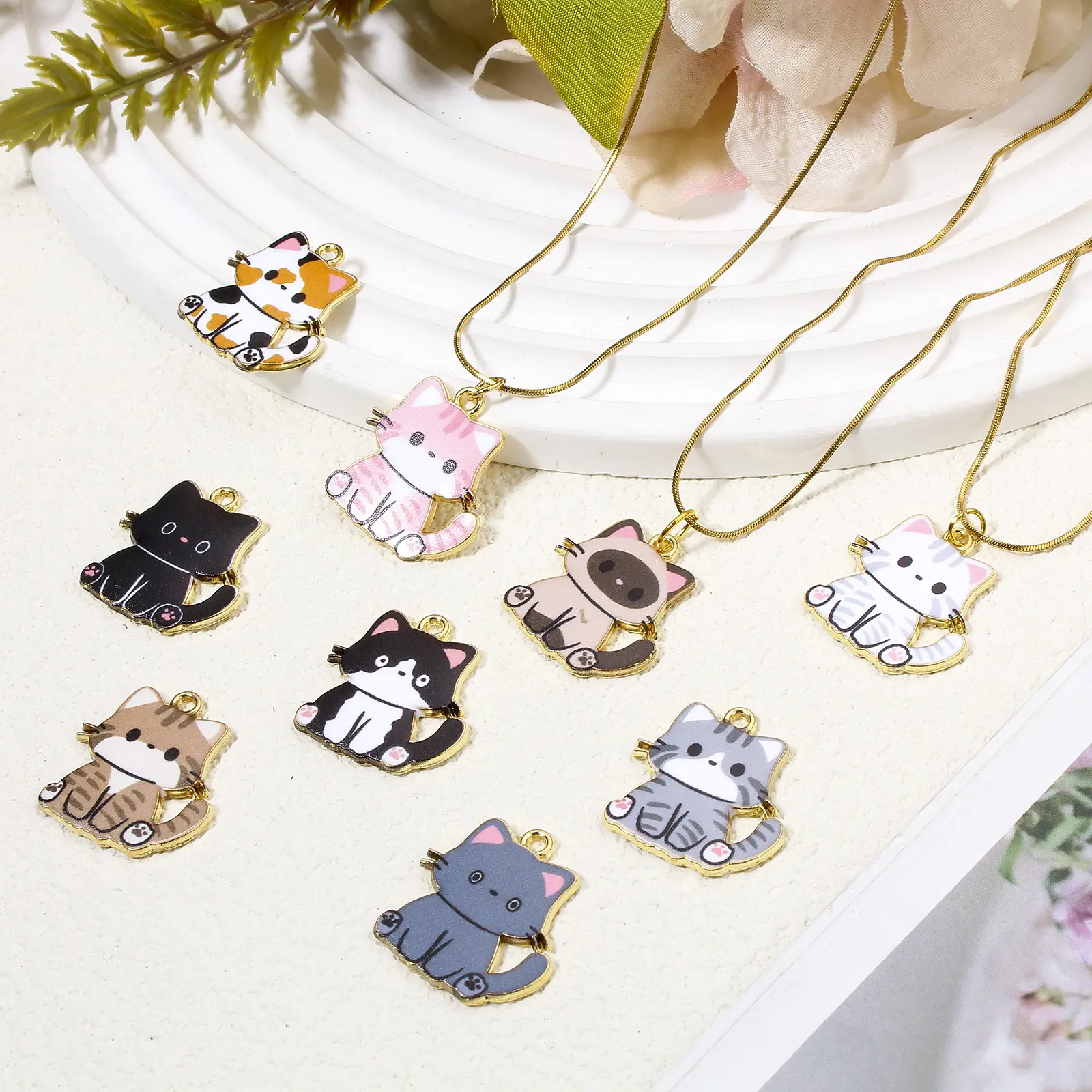 10 PCs Zinc Based Alloy Charms Gold Color Multicolor Cat Animal Enamel Earrings Necklaces Making Jewelry Findings 24mm x 23mm